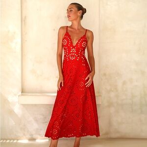 Red cutout lace one piece swimsuit and skirt. NWOT